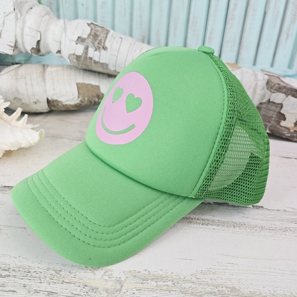 NWT Green Trucker Hat with Pink Smiley Face - Picture 4 of 5